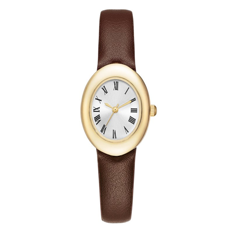 Women's Leather Strap Wristwatch with Gold-Tone Case and Roman Numerals