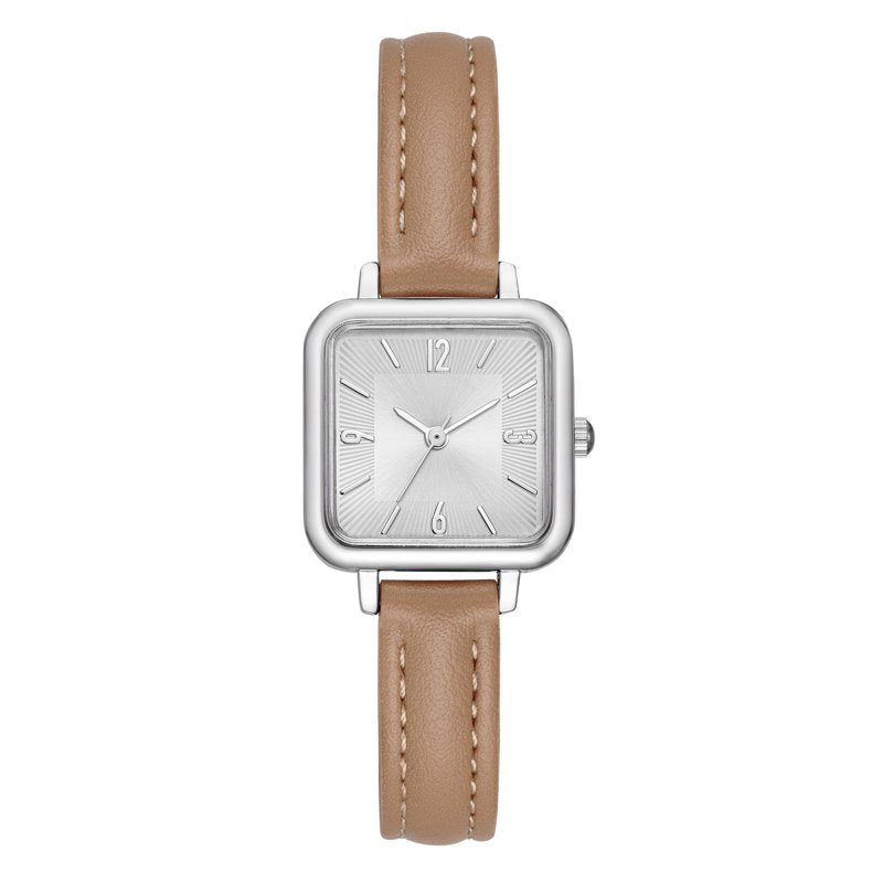 Women's Leather Strap Wristwatch with Silver Dial and Modern Square Design