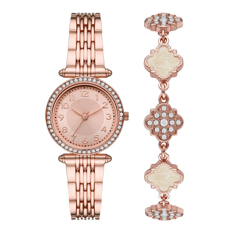 Rose Gold Women's Wristwatch Set with Crystal-Accent Bracelet - Casual & Elegant