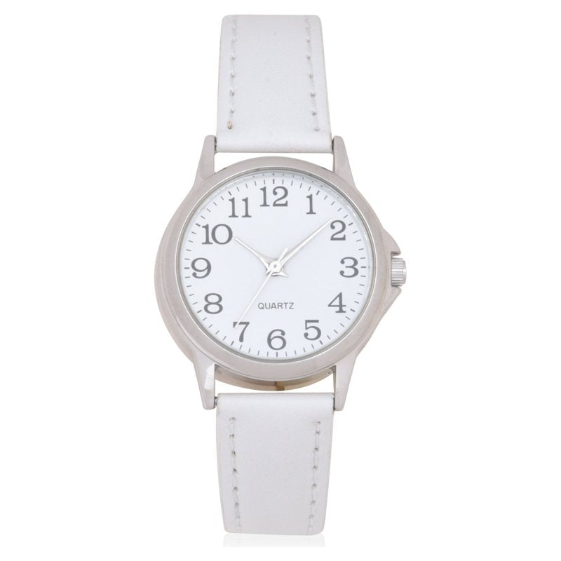 Adult Female Analog Watch with White PU Leather Strap and Silver Case