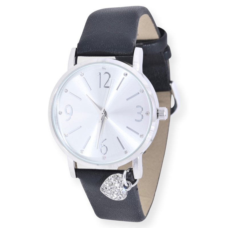 Silver Tone Crystal Accent Watch with Heart Charm and Faux Leather Strap