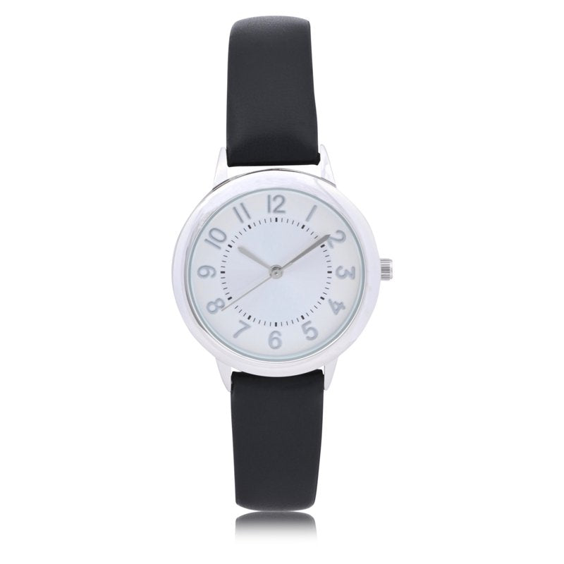 Women's Analog Quartz Wristwatch with Silver Case and Black Leather Strap