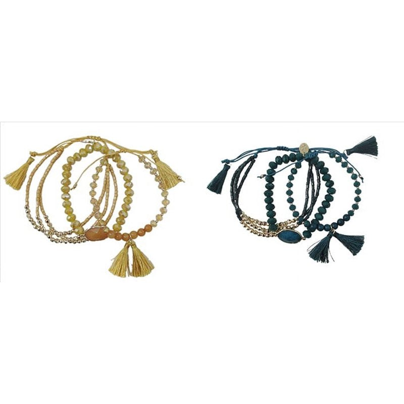 Boho Beaded Tassel Bracelet Set - Gold-Tone Adjustable Jewelry, 2 Pieces