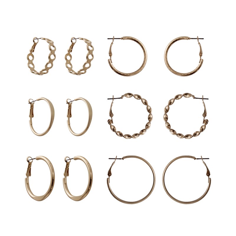 Gold-Tone Hoop Earrings Set - 6 Pairs in Various Sizes