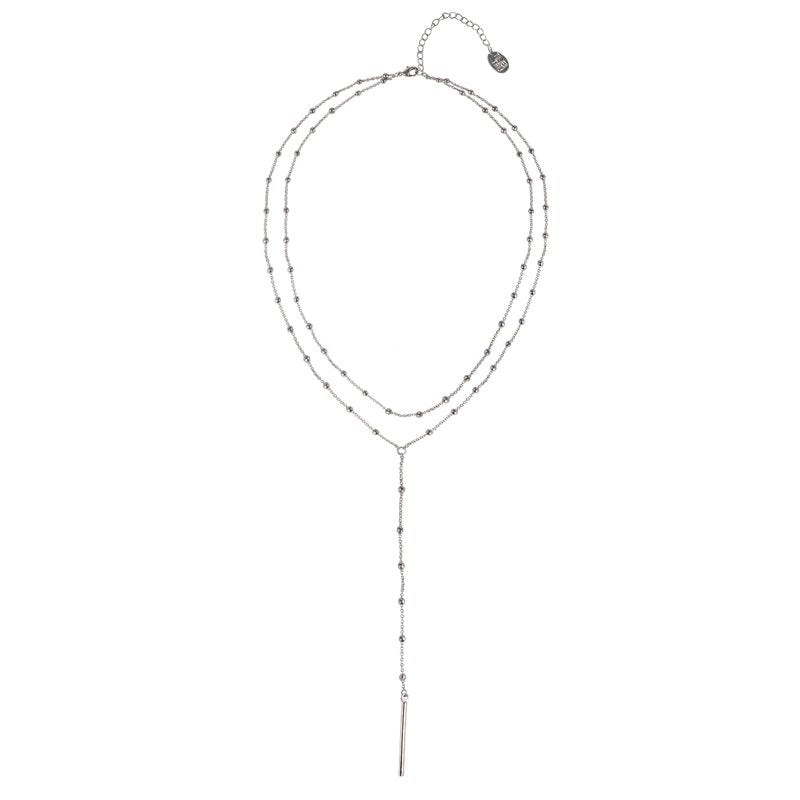 Silvertone 2-Row Flat Oval Chain Necklace with Bar Pendant - 16 Inch