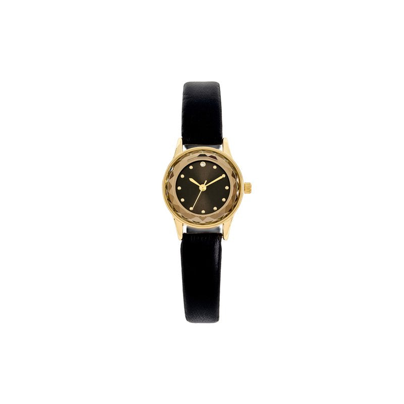 Gold Tone Cushion Case Watch for Women with Faceted Bezel and Leather Strap
