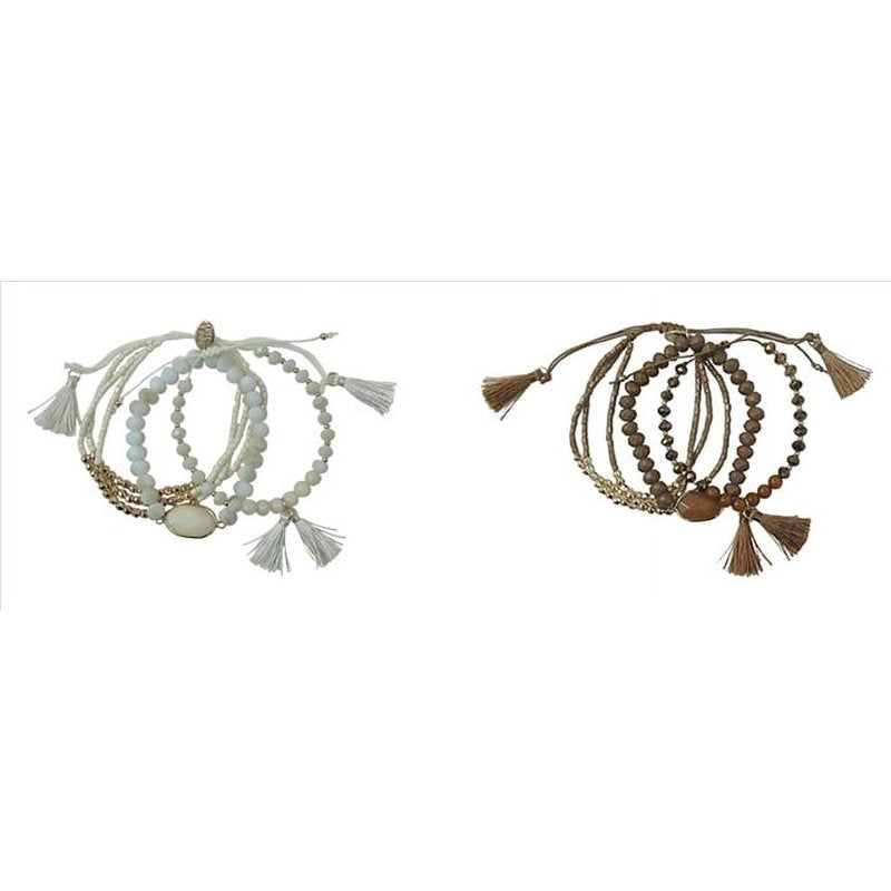 Beaded Tassel Bracelet Set for Women - 2 Pieces, Adjustable, Gold-Tone