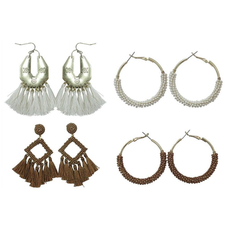 Boho Chic Tassel Earrings Set - Women's Hypoallergenic Hoop & Geometric Styles