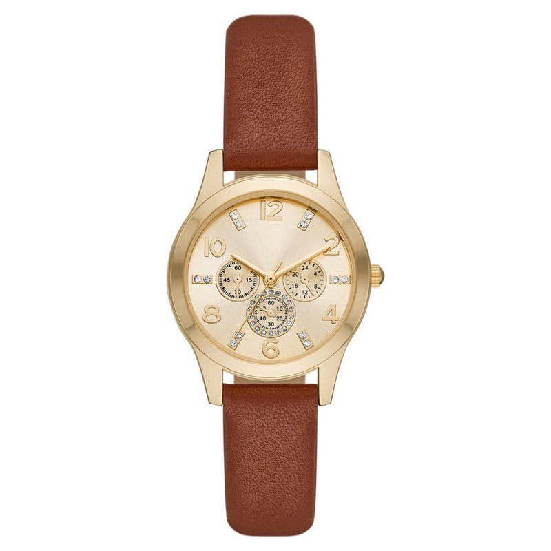 Women's Gold Tone Crystal Accent Wristwatch with Faux Leather Strap