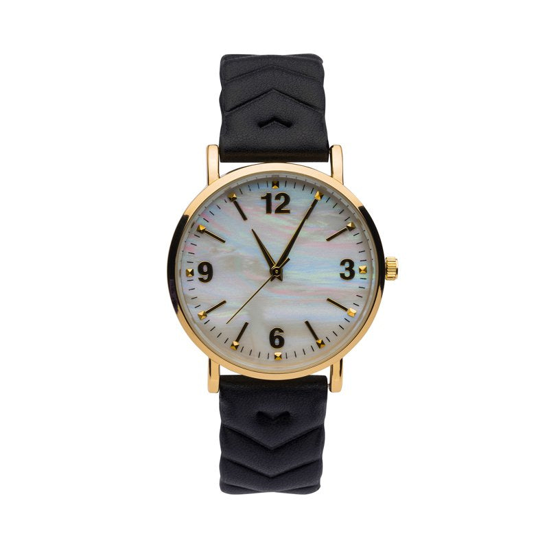 Women's Gold Tone Round Watch with Faux Mother of Pearl Dial and Quilted Strap