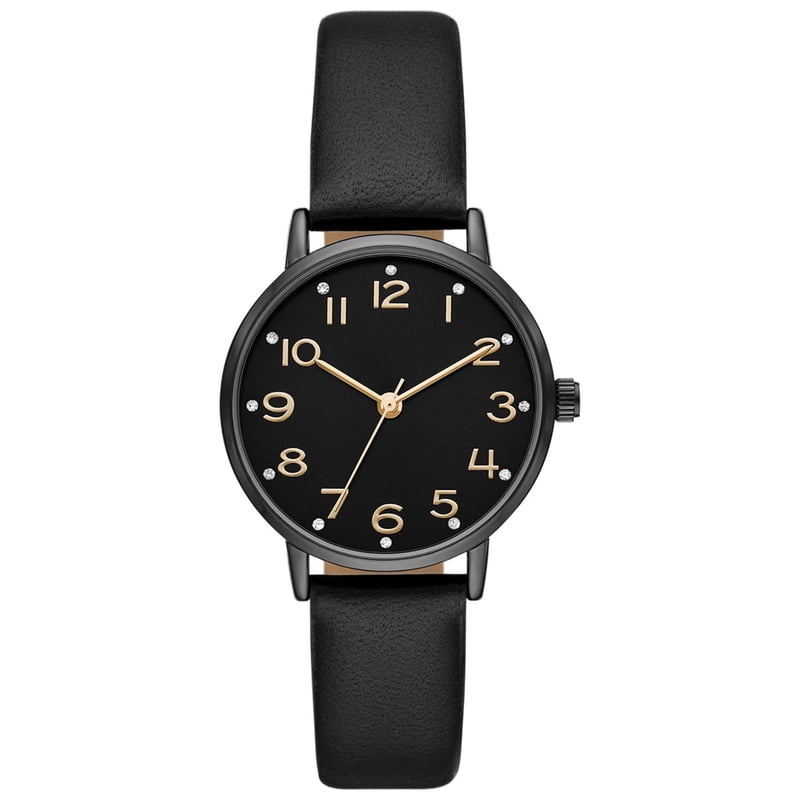 Women's Gunmetal Crystal Accent Watch - Faux Leather Strap, 34MM