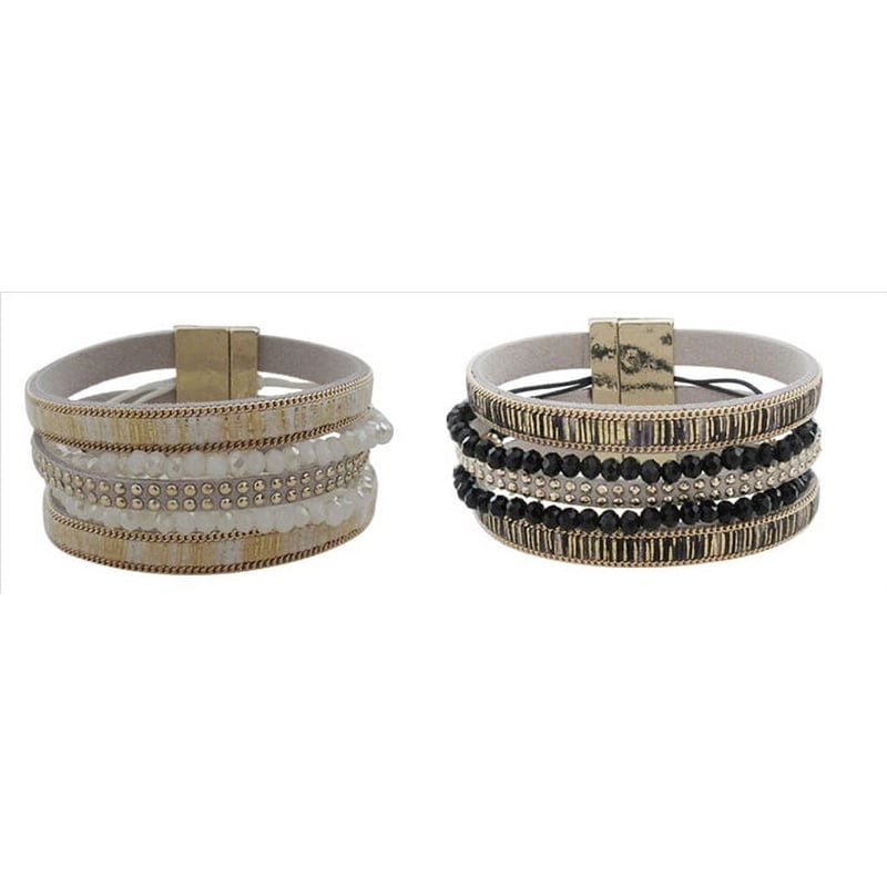 Women's Layered Bead Bracelet Set with Magnetic Clasps - 2 Pieces