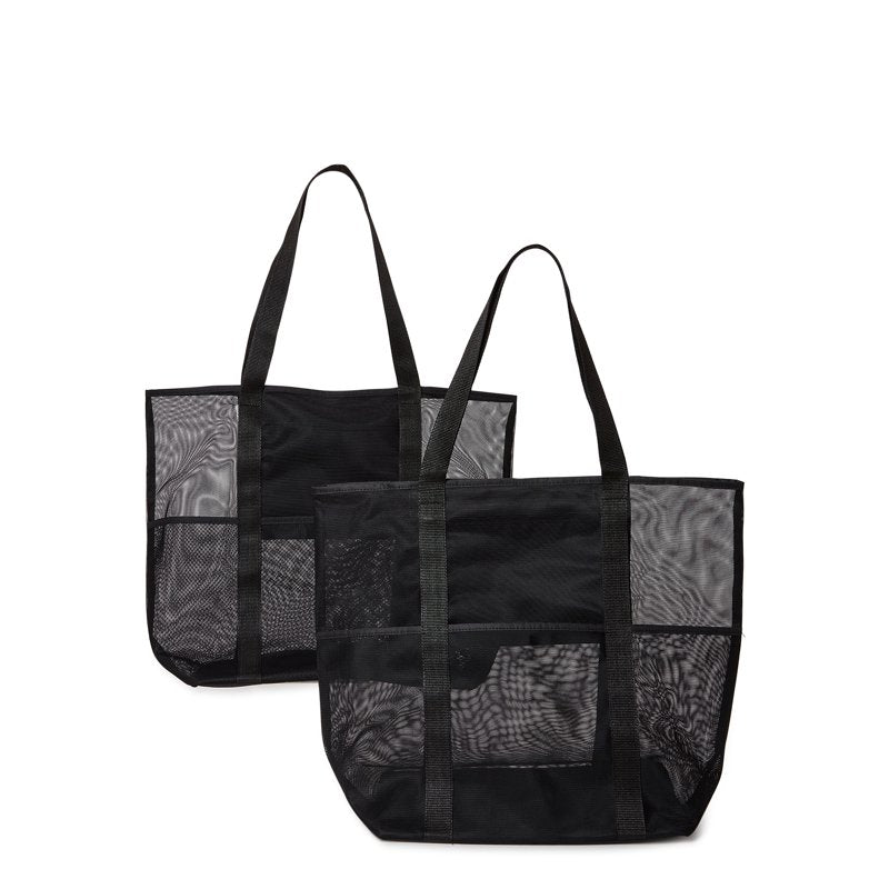 Mesh Beach Tote Bag 2-Pack for Women, Large Summer Style, Black