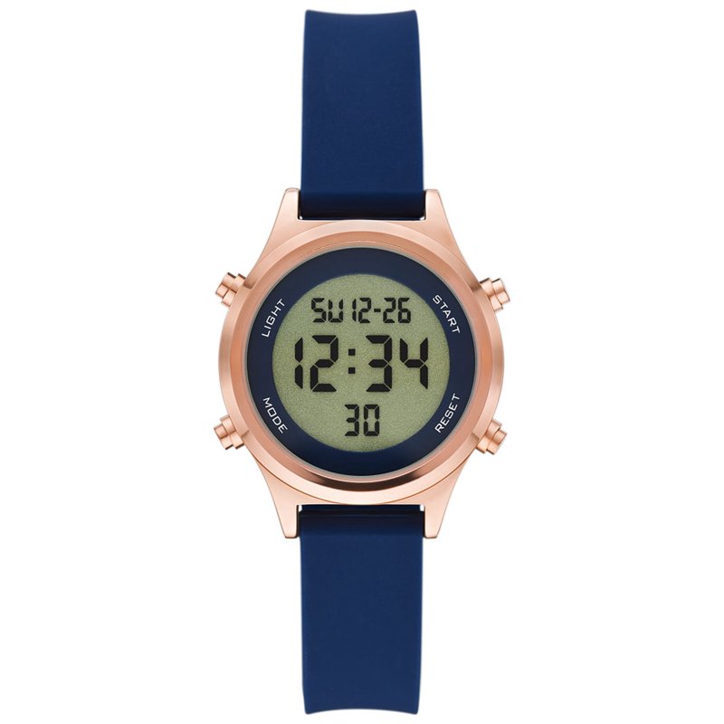 Women's Digital Wristwatch with Rose Gold Case & Navy Silicone Band