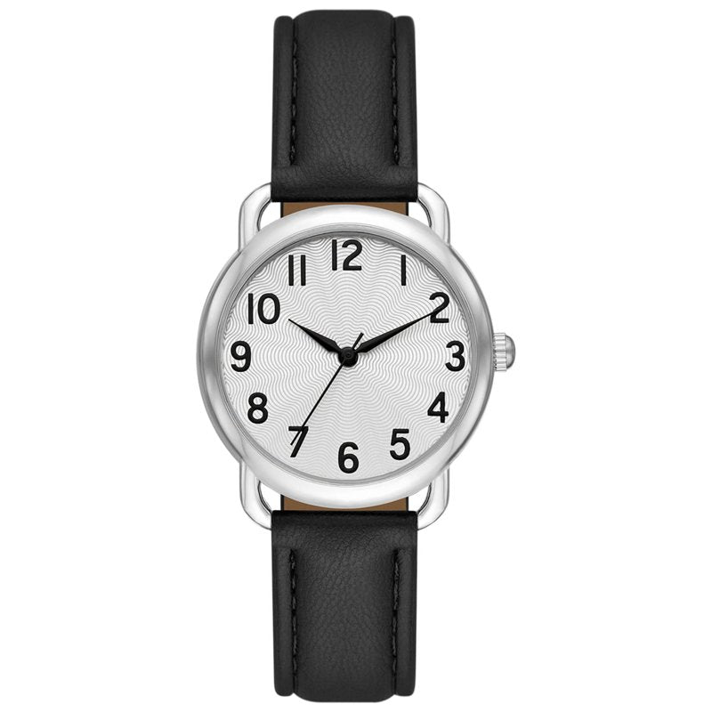 Women's Silver Tone Analog Wristwatch with Textured Dial and Faux Leather Strap