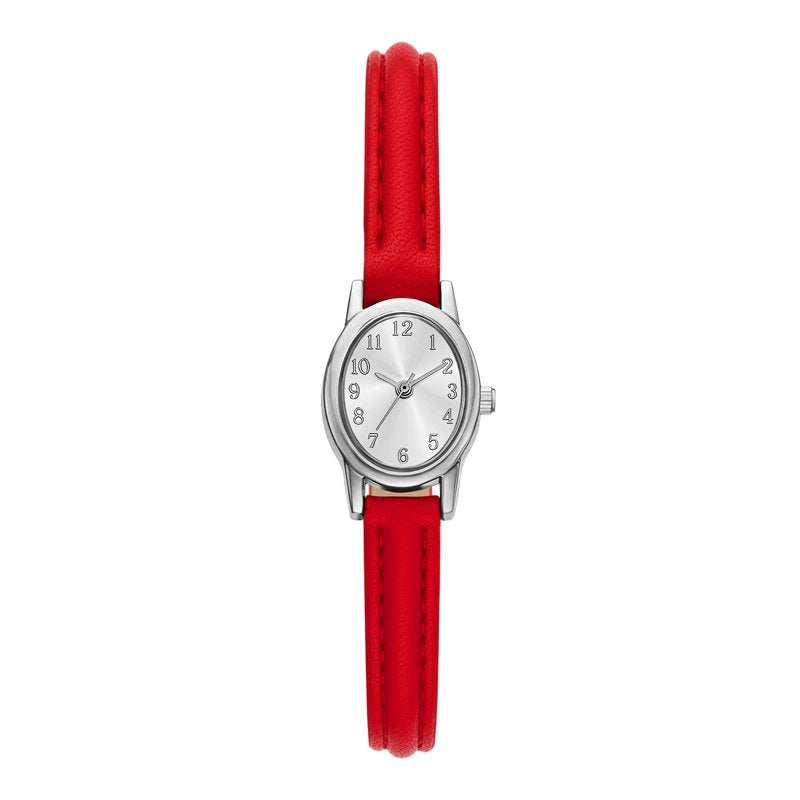 Women's Silver Tone Oval Wristwatch with Red Faux Leather Strap - 19mm