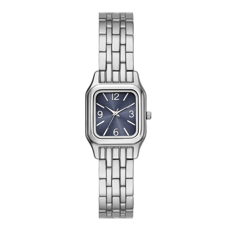 Women's Silver Tone Square Case Wristwatch with Blue Dial and 5-Link Bracelet