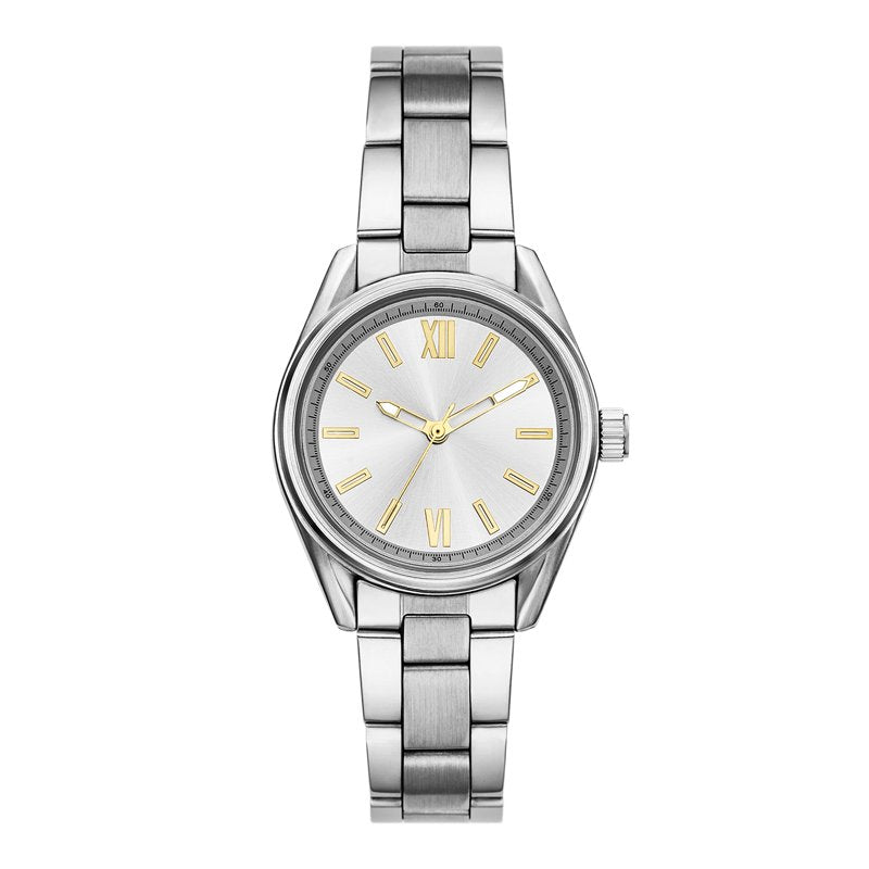 Women's Silver Tone Wristwatch - 33mm Round Case, Sunray Dial & 3-Link Bracelet