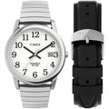 Men's 35mm Silver Dial Watch with Tapered Expansion Band & Leather Strap Set
