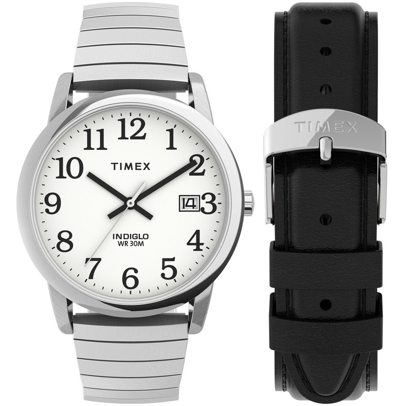 Men's 35mm Silver Dial Watch with Tapered Expansion Band & Leather Strap Set