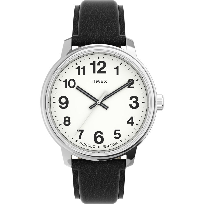 Timex Men's Easy Reader Bold 43mm Watch Silver-Tone Case White Dial Leather Strap
