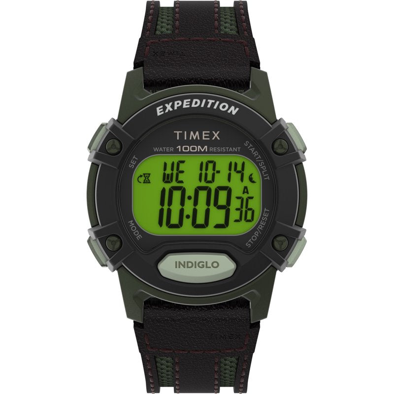 Digital Outdoor Watch with Leather & Fabric Strap, 100M Water-Resistant, Chronograph & Alarm