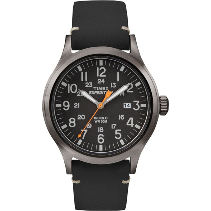 Men's Black Leather Strap Watch with Date and Indiglo Light - 40mm