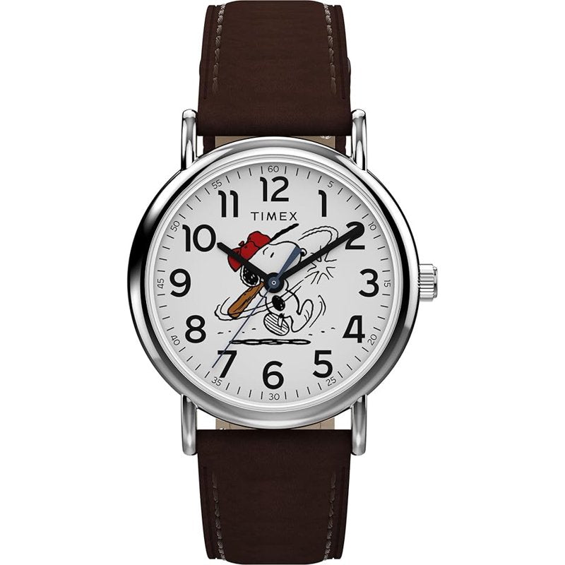 Men's Baseball Watch with Snoopy Dial - 38mm Sport Watch, Brown Leather Strap