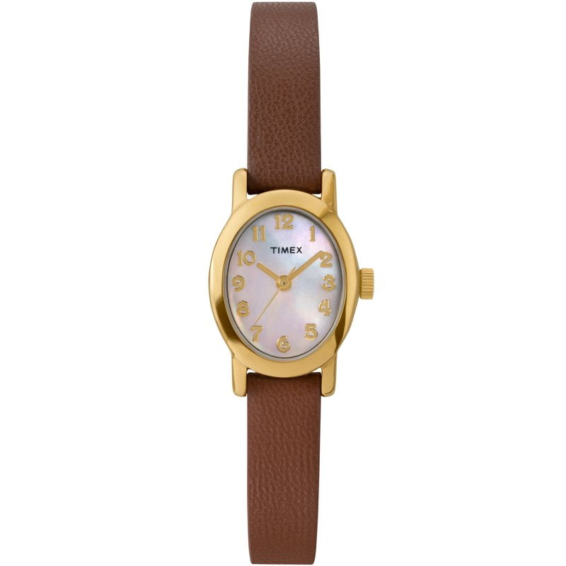 Women's Mother of Pearl Dial Watch with Brown Leather Strap - Gold Tone Case