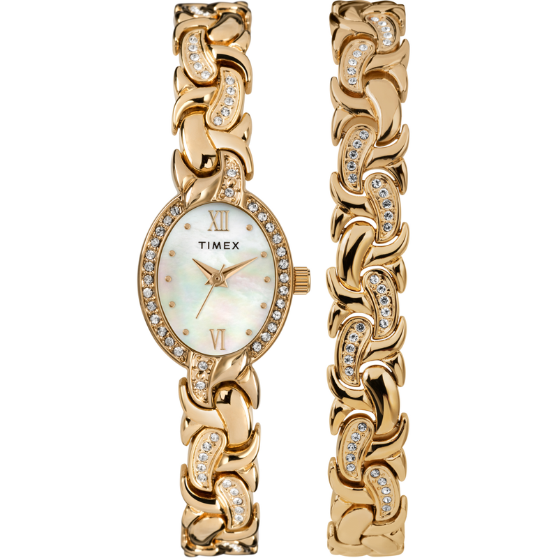 Women’s Dress Watch & Bracelet Gift Set with Crystal Accents and Mother-of-Pearl Dial