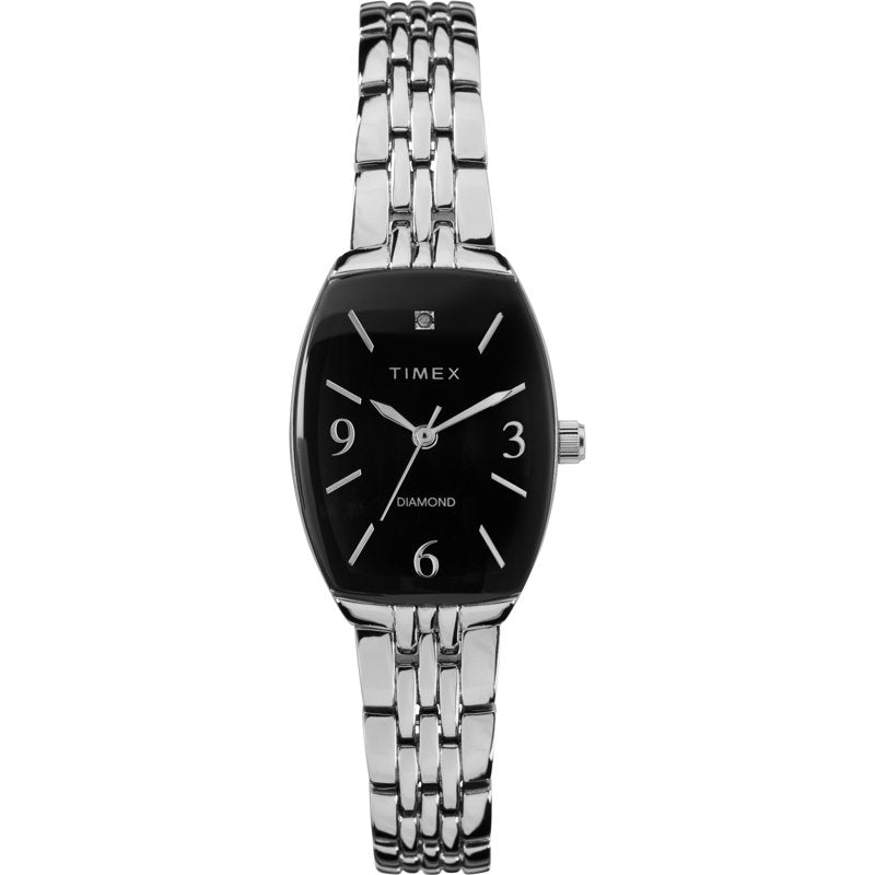 Timex Women's Tonneau Dress Watch 21mm Silver-Tone Bracelet Black Dial