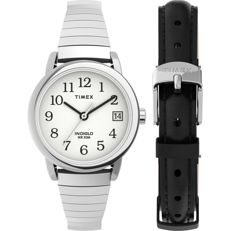 Timex Women's Easy Reader Watch Set with Silver-Tone Case & Leather Strap