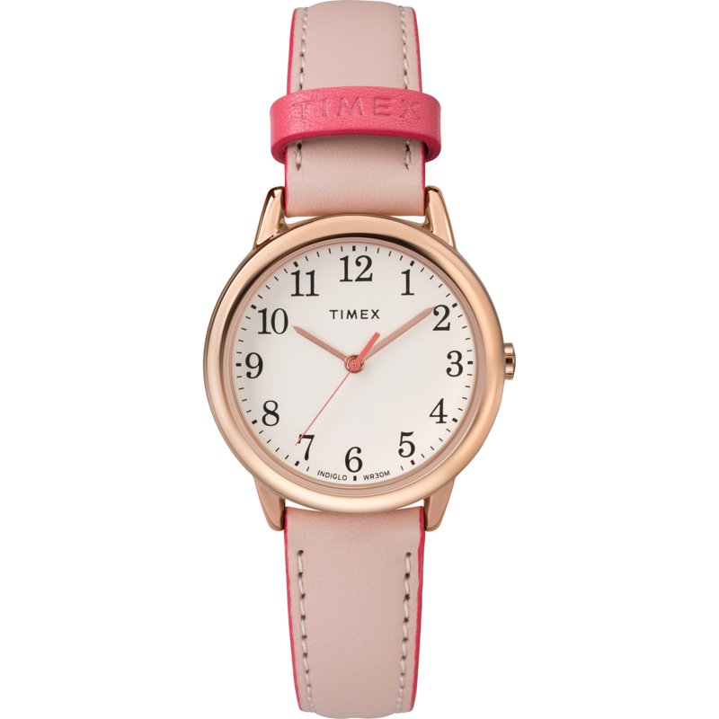 Women’s Pink Rose Gold Casual Watch with Leather Strap - Easy Reader 30mm