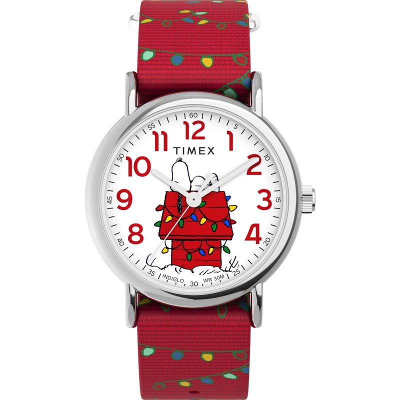 Timex Women's Weekender Peanuts Holiday 38mm Watch with Red Strap and White Dial