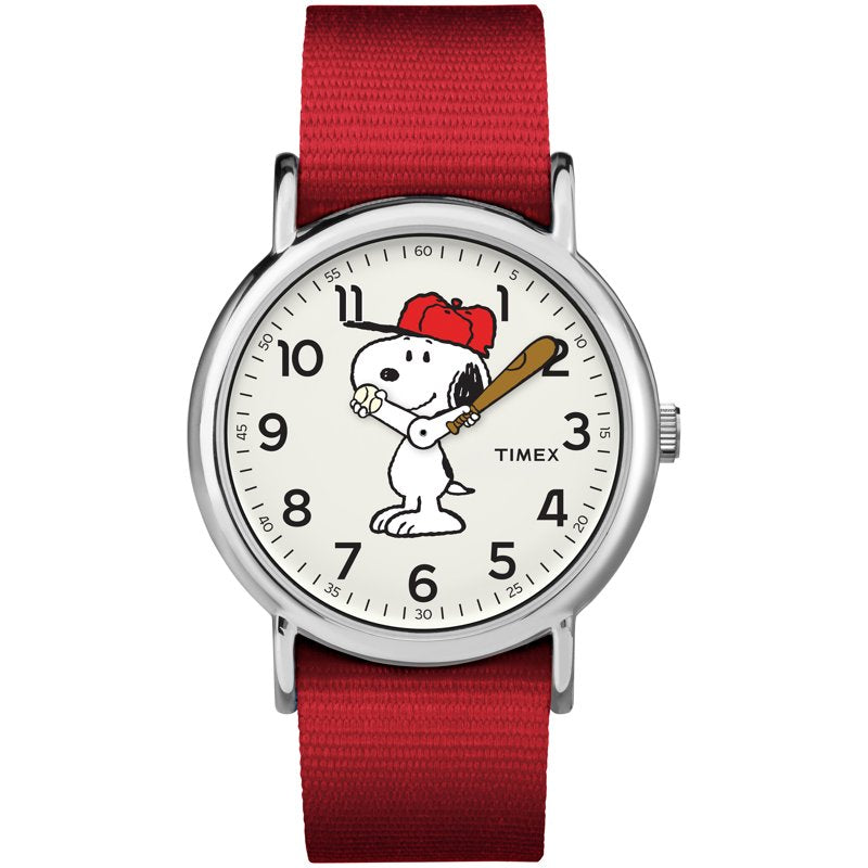 Unisex Snoopy Watch with Red Fabric Slip-Thru Strap – 38mm Timex Peanuts Collaboration