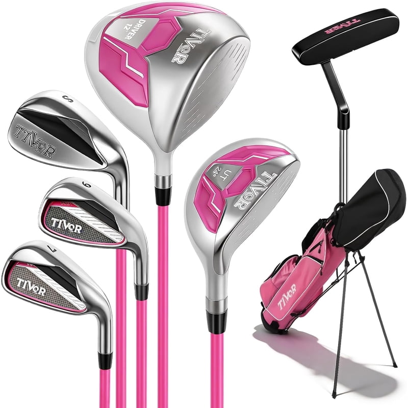 Tivor 6-Piece Golf Club Set for Women Right-Handed - Beginner Complete Set with Driver, Hybrid, 7 Iron, 9 Iron, Sand Wedge, Putter & Stand Bag, Pink