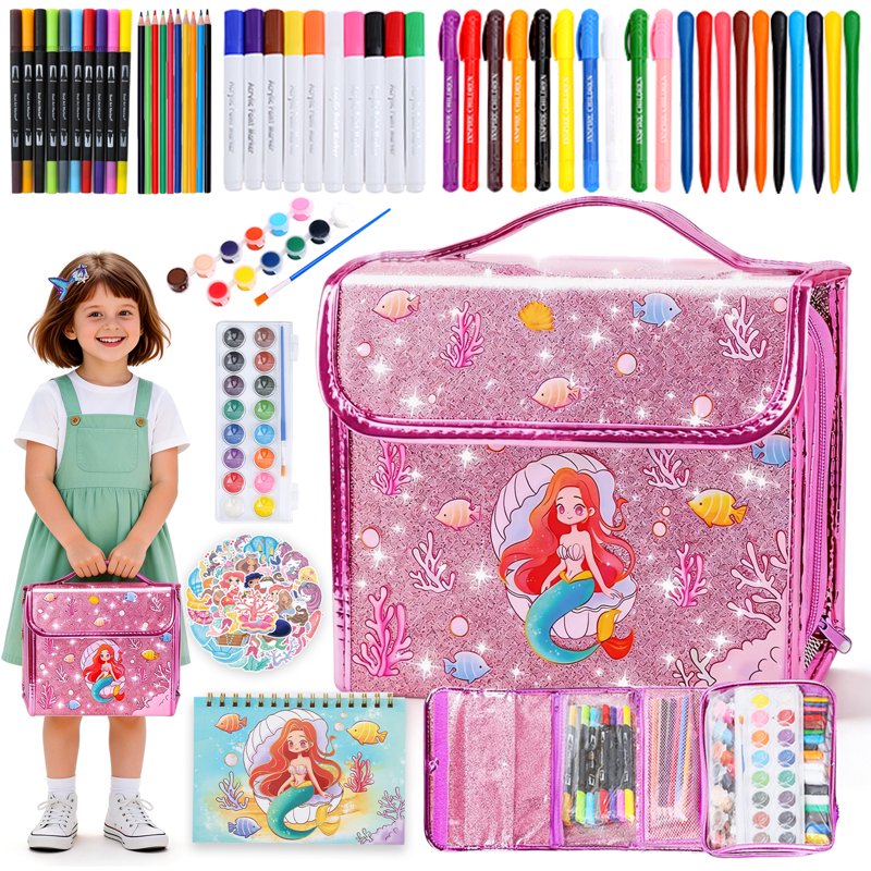 Kids Mermaid Art Set with Washable Markers and Stickers - Creative Craft Kit for Ages 3-12