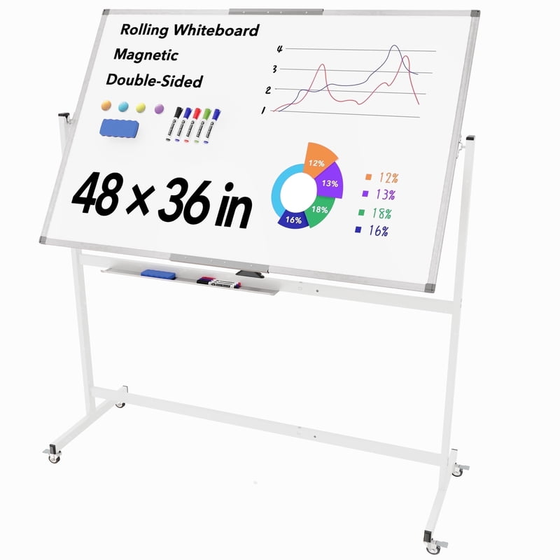 Large Rolling Whiteboard on Wheels - 48 x 36 Inches Magnetic Dry Erase Board with Stand