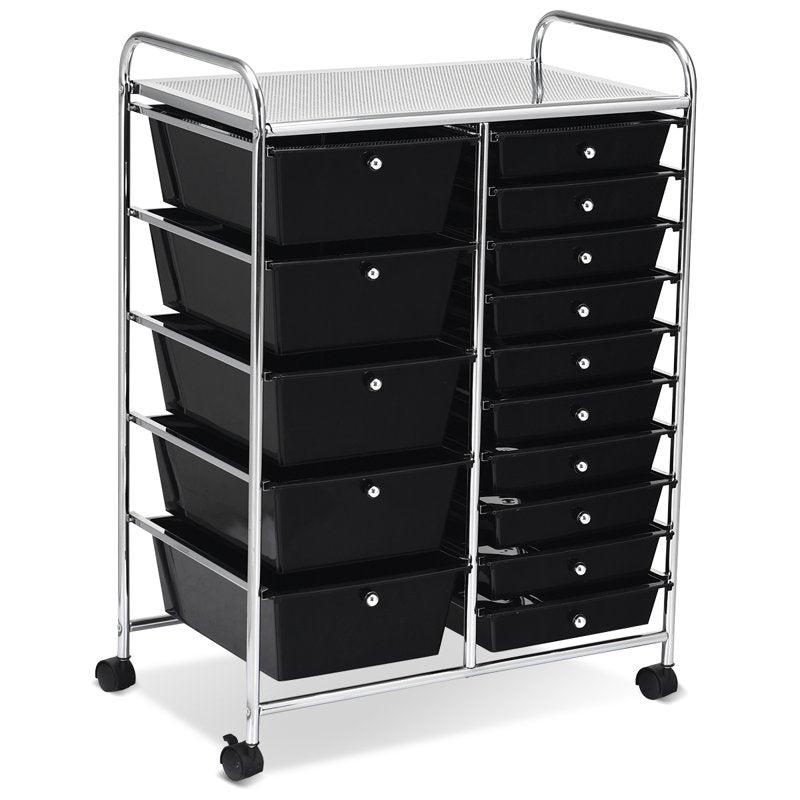 15-Drawer Rolling Cart with Wheels, Mobile Storage Organizer, Black
