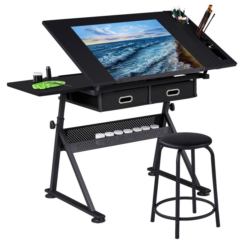 Adjustable Height Drafting Table and Stool Set with Storage - Black
