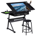 Adjustable Height Drafting Table and Stool Set with Storage - Black