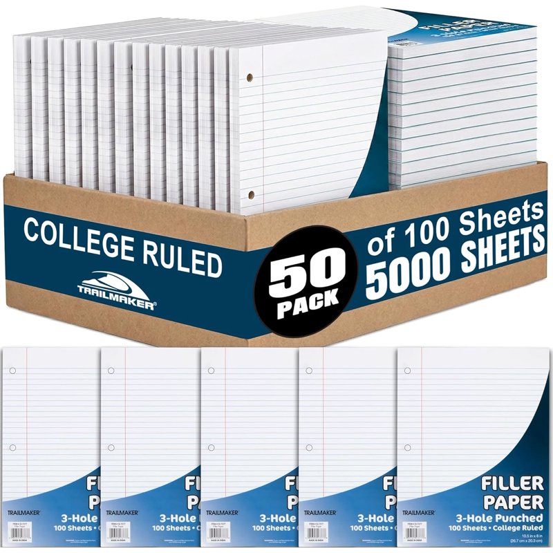 Bulk College Ruled Loose Leaf Paper - 8x10.5 Inch, 3-Hole Punch, 50 Pack, 5000 Sheets
