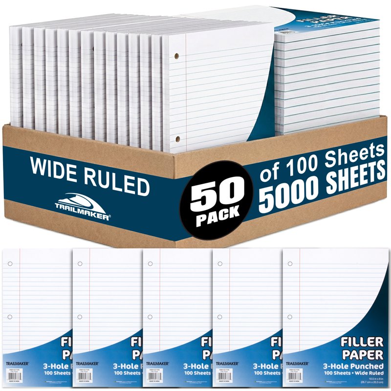 Bulk Wide Ruled Loose Leaf Paper Pack for Binders - 50 Reams 5,000 Sheets