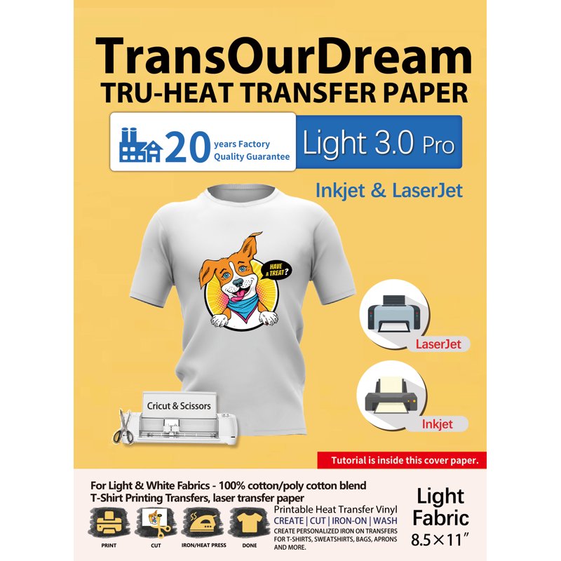 Heat Transfer Paper for Laser & Inkjet Printers - 8.5x11 Inch, 20 Sheets for Light & White T-Shirts