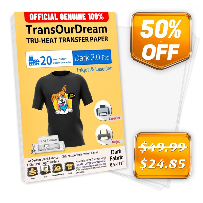Printable Heat Transfer Paper for Dark Fabrics 8.5x11 Inch Pack of 20