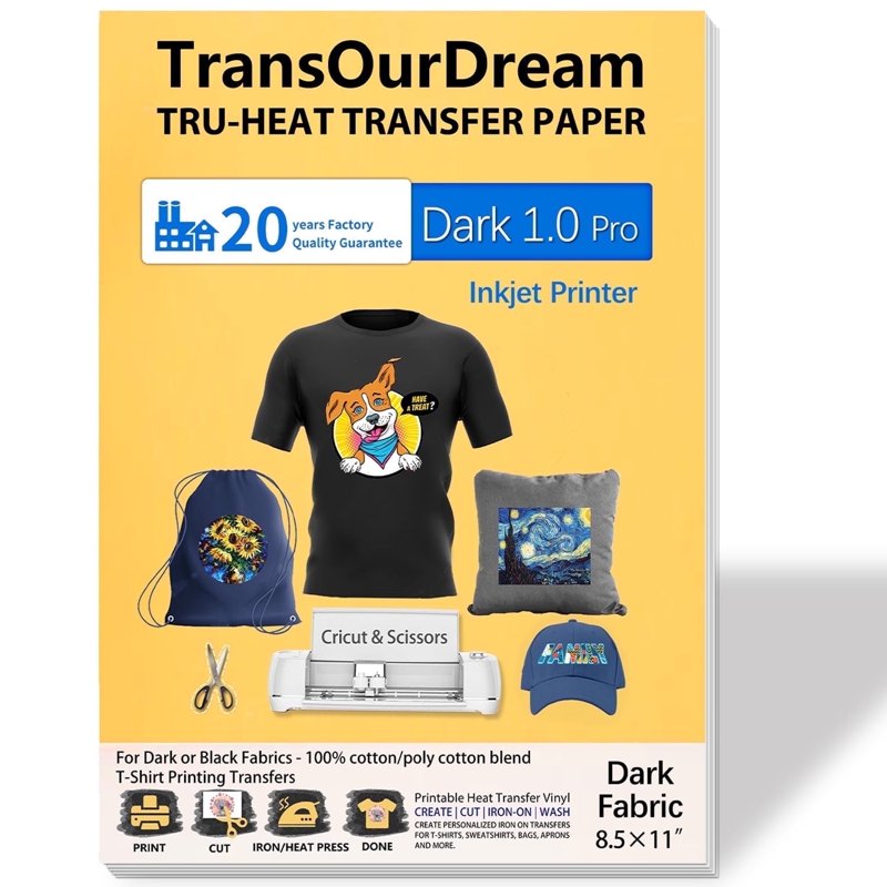 Printable Iron-On Transfer Paper for Dark Fabrics - 20 Sheets for Inkjet Printers