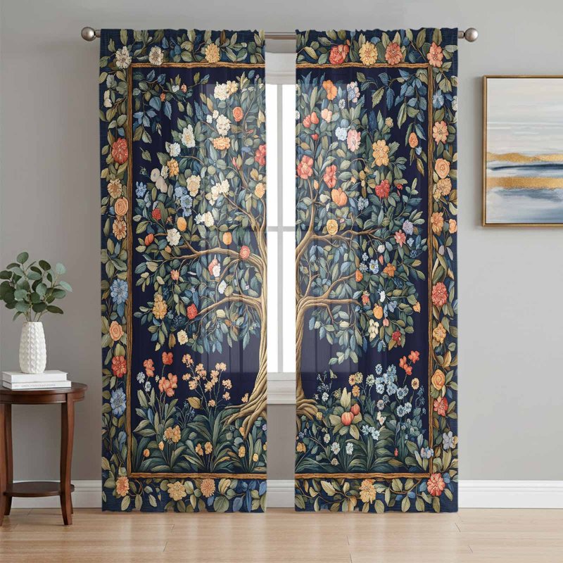 Semi Sheer Botanical Curtain Set 108 Inch Length for Living Room & Bedroom