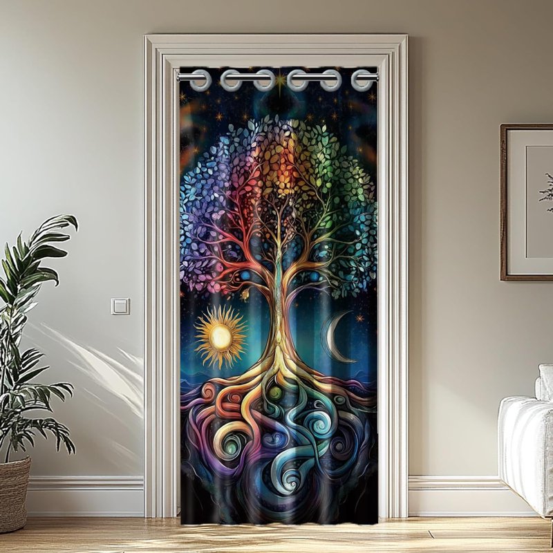 Tree of Life Door Curtain - Bohemia Style Room Divider with Sun & Moon Pattern