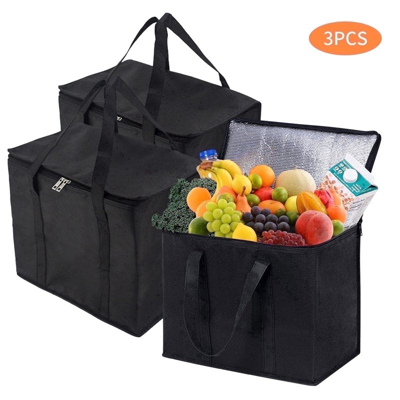 Insulated Reusable Grocery Shopping Bags 3 Pack - Collapsible, Hot & Cold Food Transport