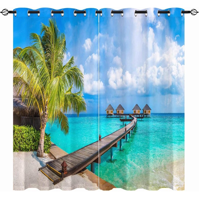 Beach Landscape Window Curtains - Waterproof Hawaiian Palm Tree 3D Pattern for Bedroom & Living Room